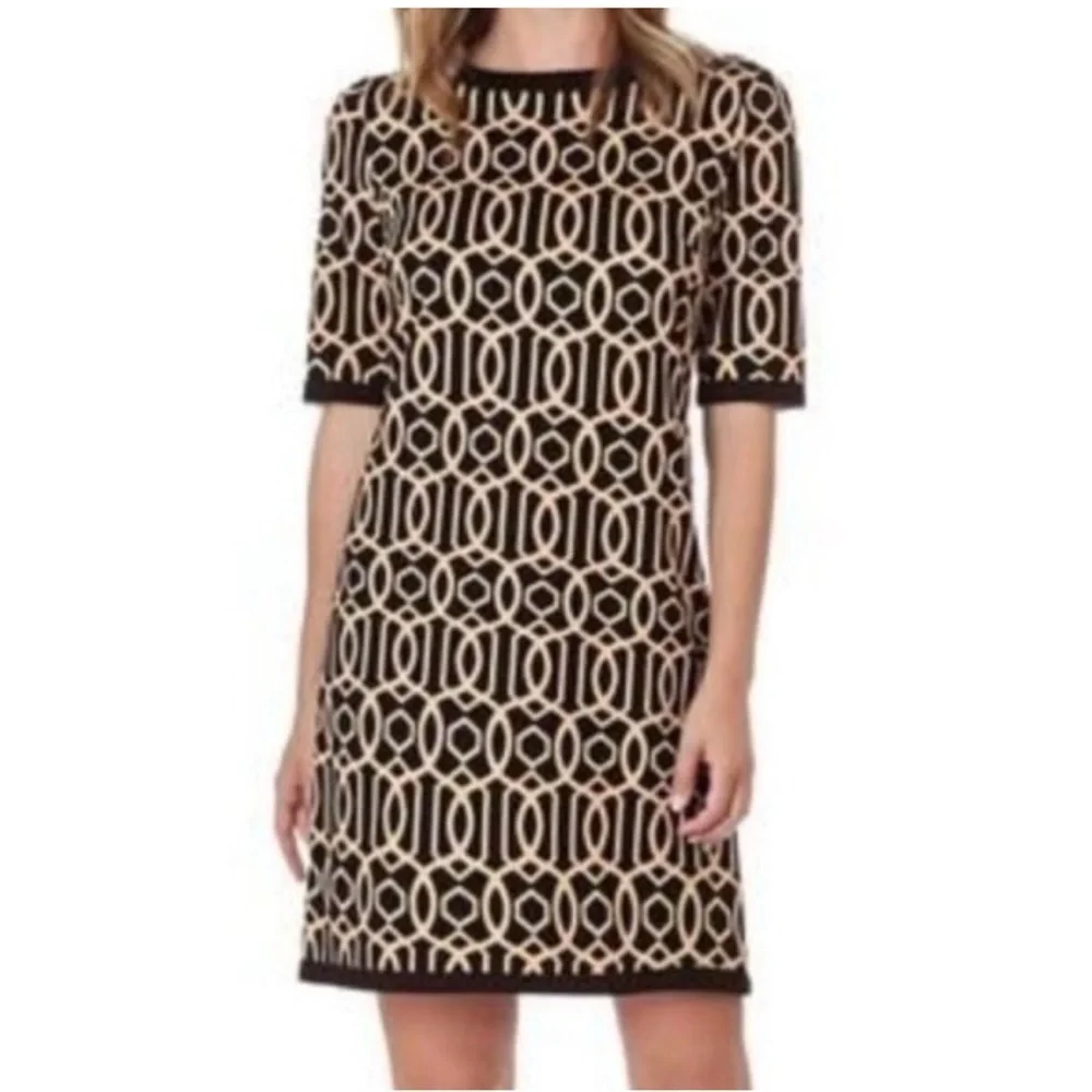 Jude Connally M | Black Beige Geometric Chain Link Print Knit Dress Made in USA - Picture 1 of 8